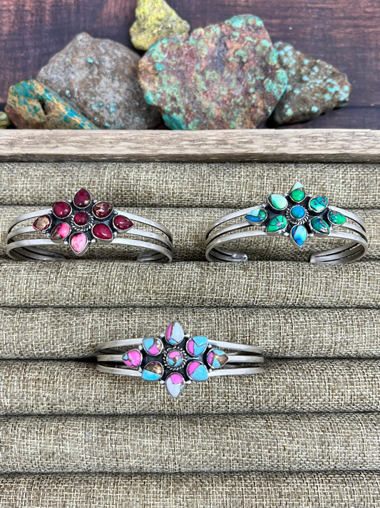 Handmade Sterling Silver Peacock Dahlia, Dahlia Rose, Cotton Candy Turquoise Cuff Bracelet with Signed Nizhoni