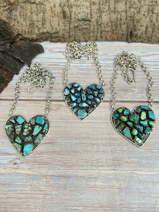 Handmade Sterling Silver Multi Stone Heart Necklace with Signed Nizhoni