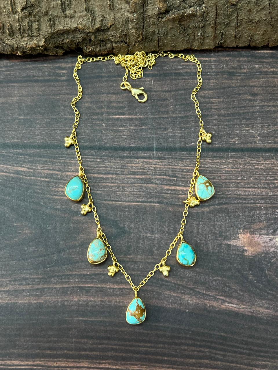 "THE GOLDEN COLLECTION" Handmade Natural Golden Hills Turquoise 5 Stone Gold Plated Necklace