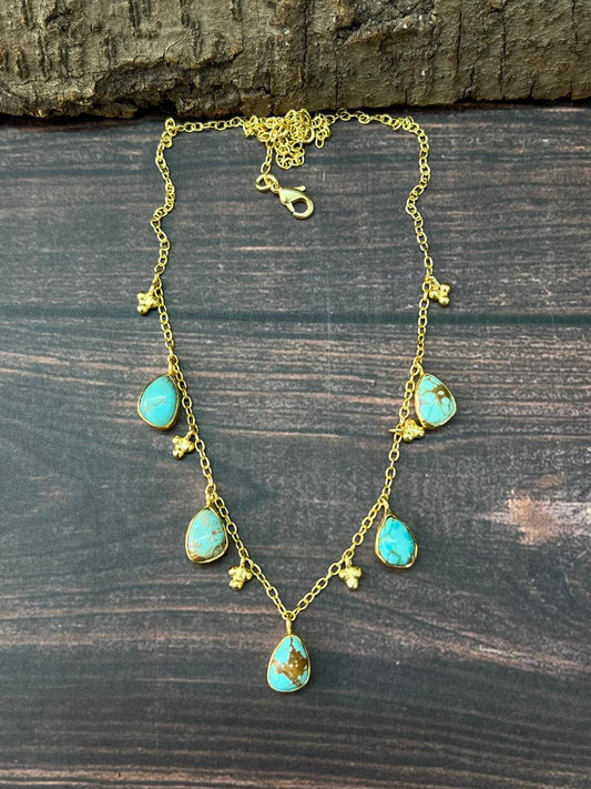 "THE GOLDEN COLLECTION" Handmade Natural Golden Hills Turquoise 5 Stone Gold Plated Necklace