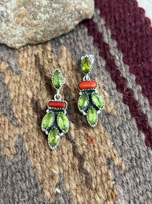 Christmas Collection Handmade Sterling Silver Coral with Peridot Post Dangle, Signed Nizhoni