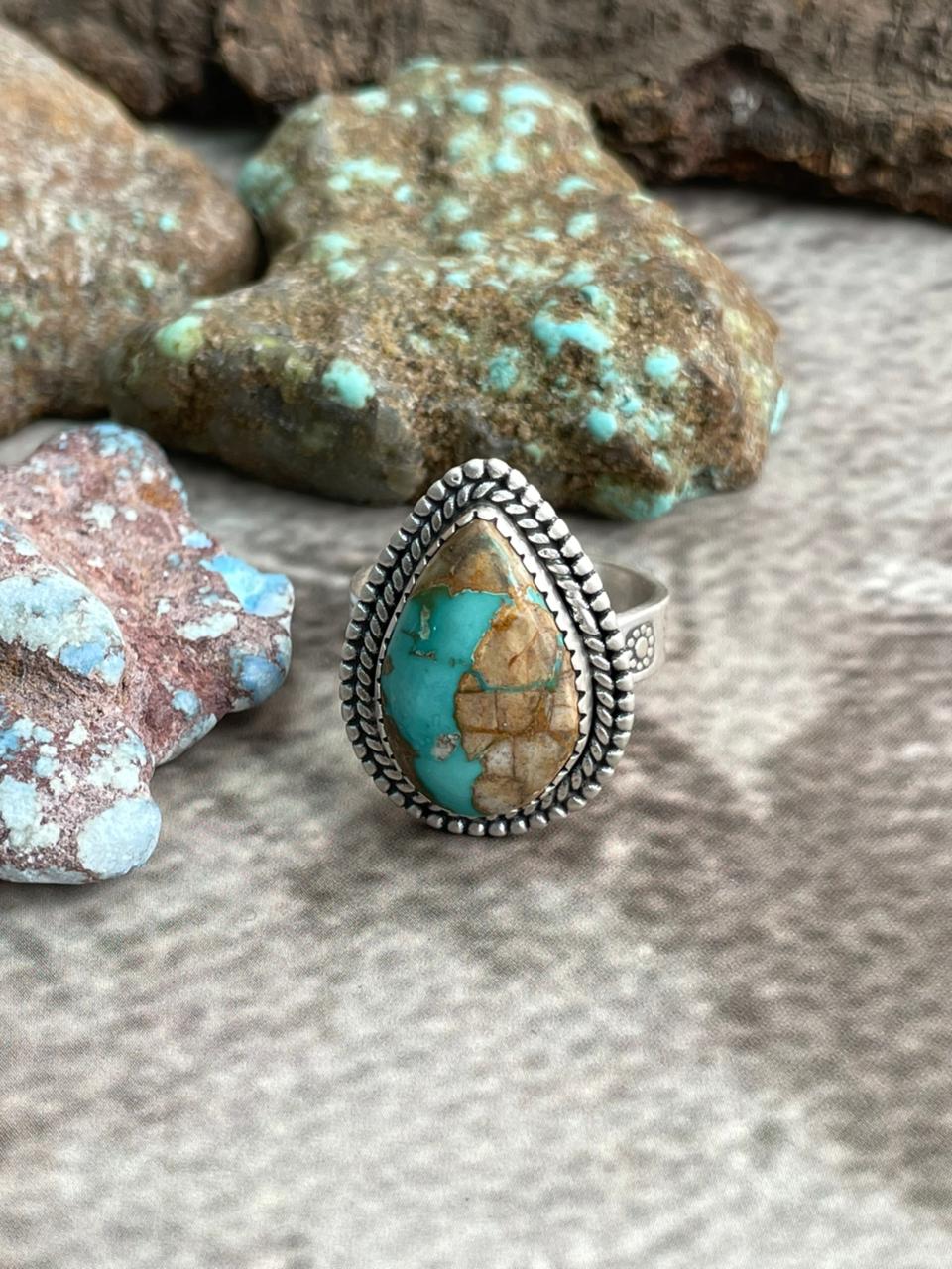 Handmade Sterling Silver Royston Ribbon Turquoise Adjustable Ring with Signed Nizhoni