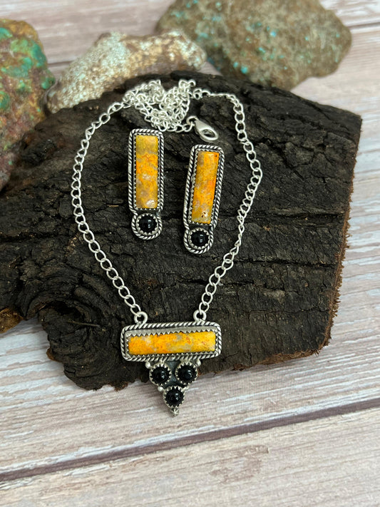 "Halloween Collection" Handmade Sterling Silver Black Onyx, Bumblebee Necklace with Signed Nizhoni