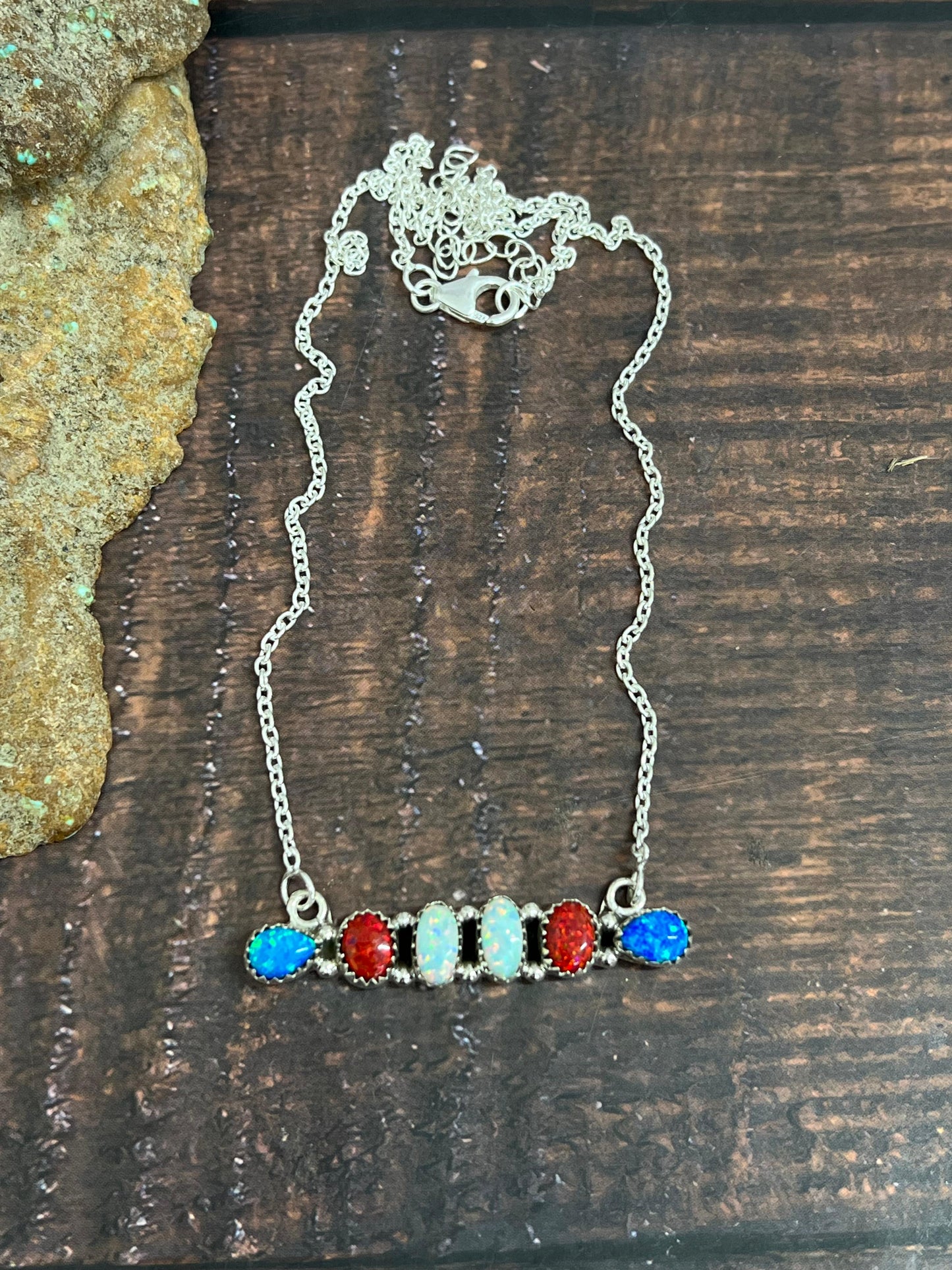 ** 4TH OF JULY ** Handmade Sterling Silver Synthetic Opal Necklace with Signed Nizhoni