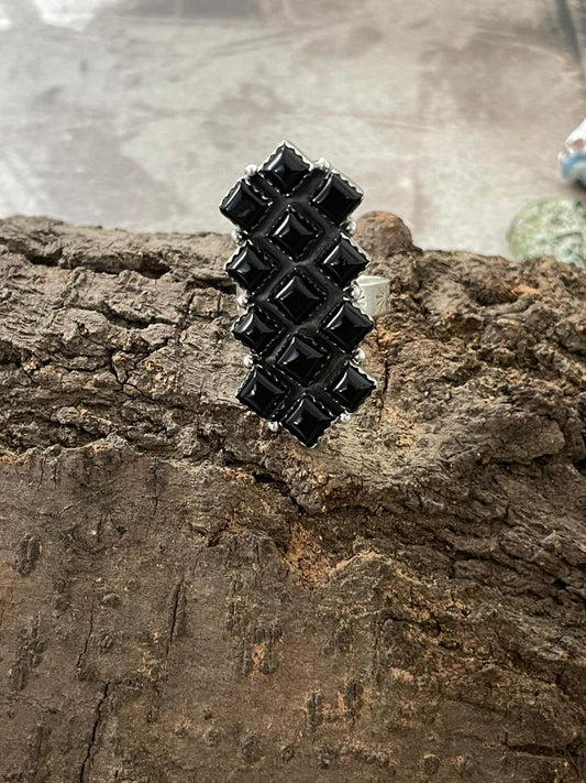 "Halloween Collection" Handmade Sterling Silver Black Onyx Adjustable Ring with Signed Nizhoni