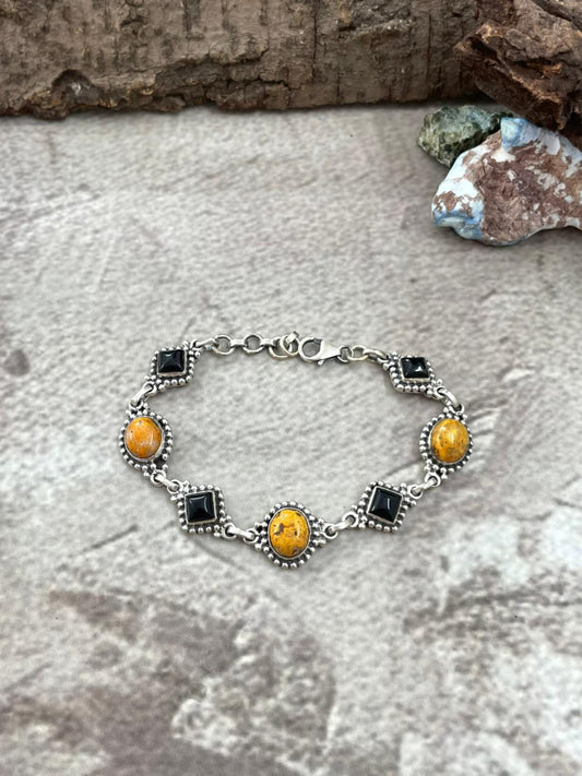 Halloween Collection" Handmade Sterling Silver Black Onyx, Bumblebee Chain Bracelet with Signed Nizhoni