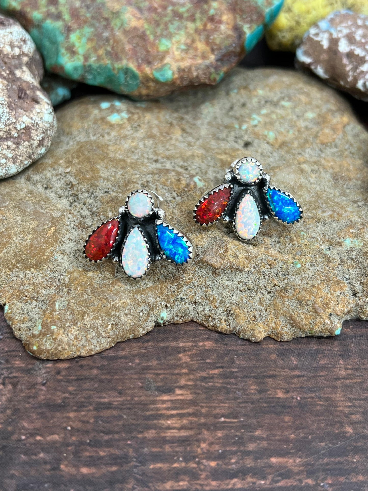 ** 4TH OF JULY ** Handmade Sterling Silver Synthetic Opal Post Earrings with Signed Nizhoni