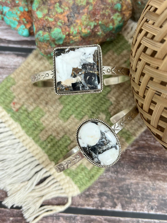 Handmade Sterling Silver White Buffalo Turquoise Cuff Bracelet with Signed Nizhoni