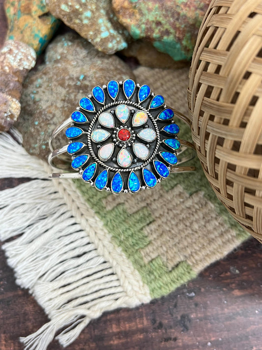 ** 4TH OF JULY ** Handmade Sterling Silver Synthetic Opal Cuff Bracelet with Signed Nizhoni