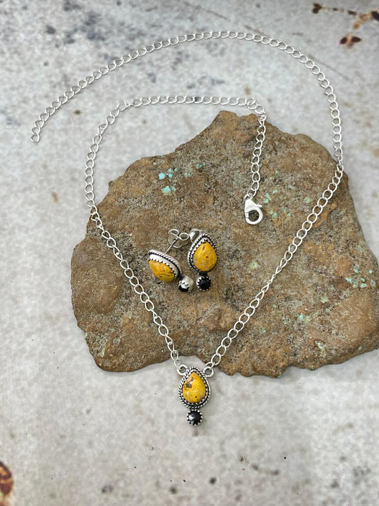 "Halloween Collection" Handmade Sterling Silver Black Onyx, Bumblebee Necklace Earring Set, Signed Nizhoni
