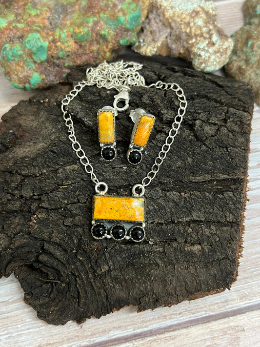 "Halloween Collection" Handmade Sterling Silver Black Onyx, Bumblebee Necklace with Signed Nizhoni