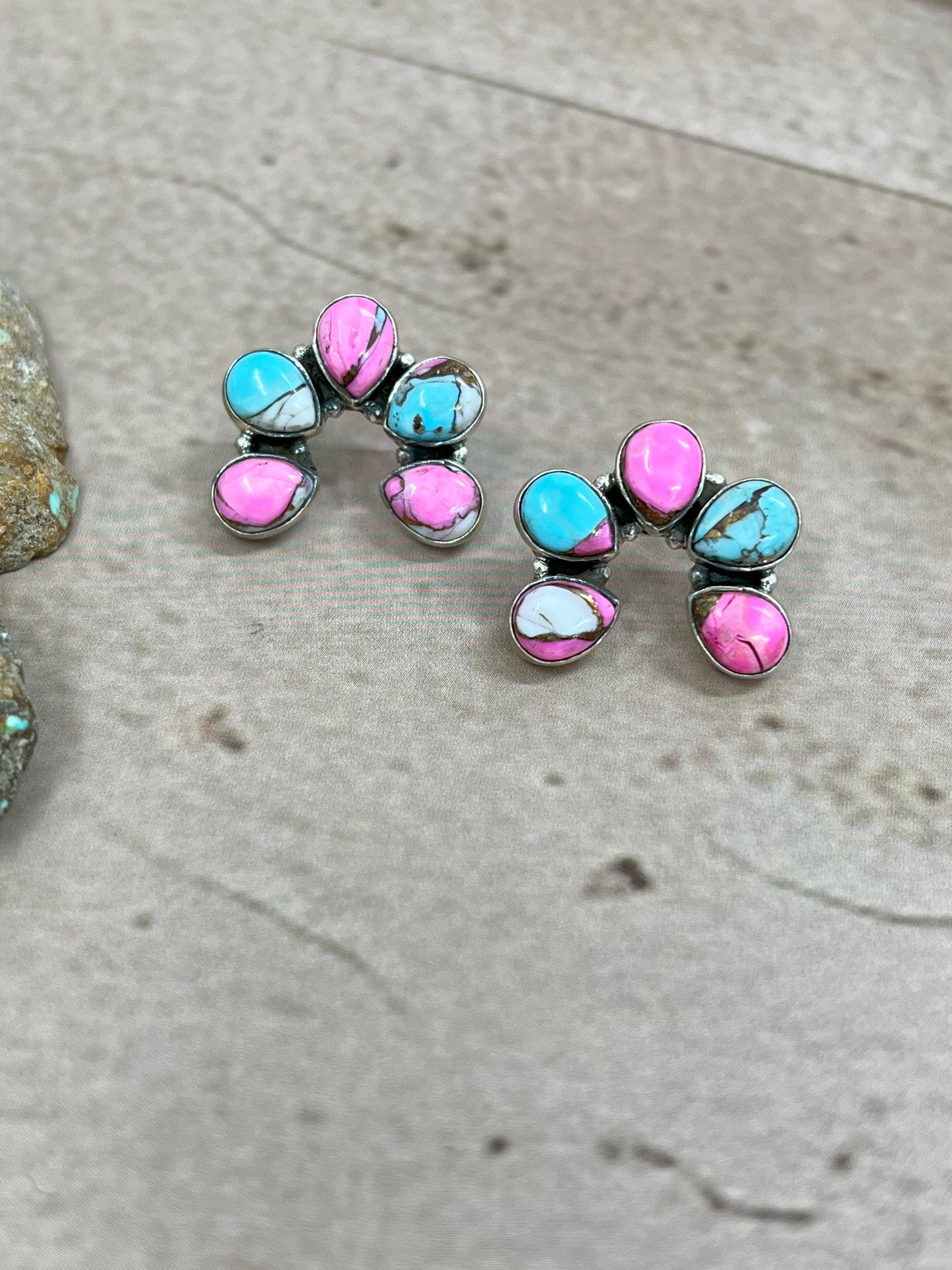 Handmade Sterling Silver Cotton Candy Turquoise Squash Blossom Post Earrings with Signed Nizhoni