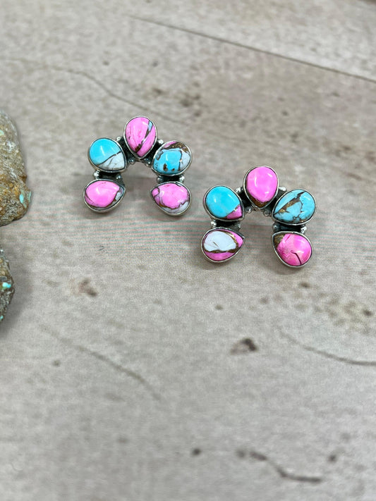 Handmade Sterling Silver Cotton Candy Turquoise Squash Blossom Post Earrings with Signed Nizhoni