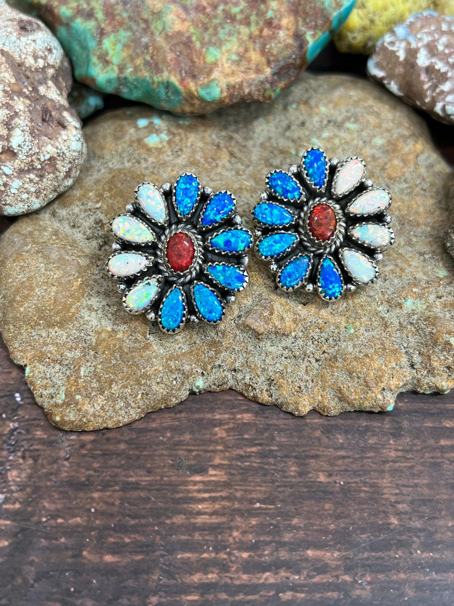 ** 4TH OF JULY ** Handmade Sterling Silver Synthetic Opal Post Earrings with Signed Nizhoni