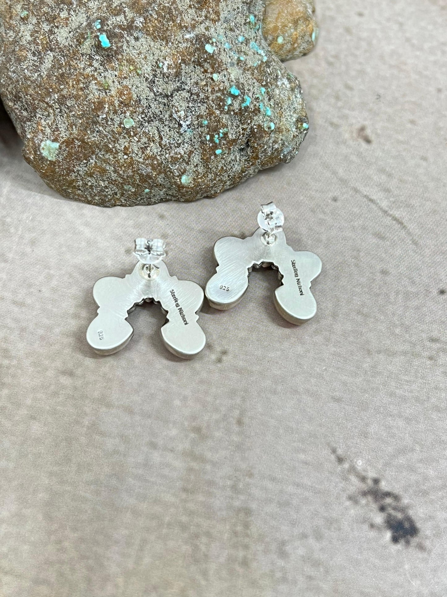 Handmade Sterling Silver Cotton Candy Turquoise Squash Blossom Post Earrings with Signed Nizhoni