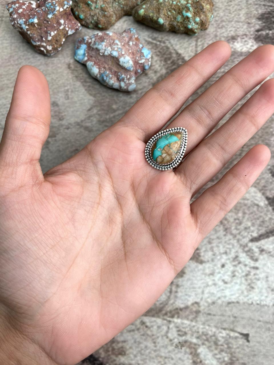 Handmade Sterling Silver Royston Ribbon Turquoise Adjustable Ring with Signed Nizhoni