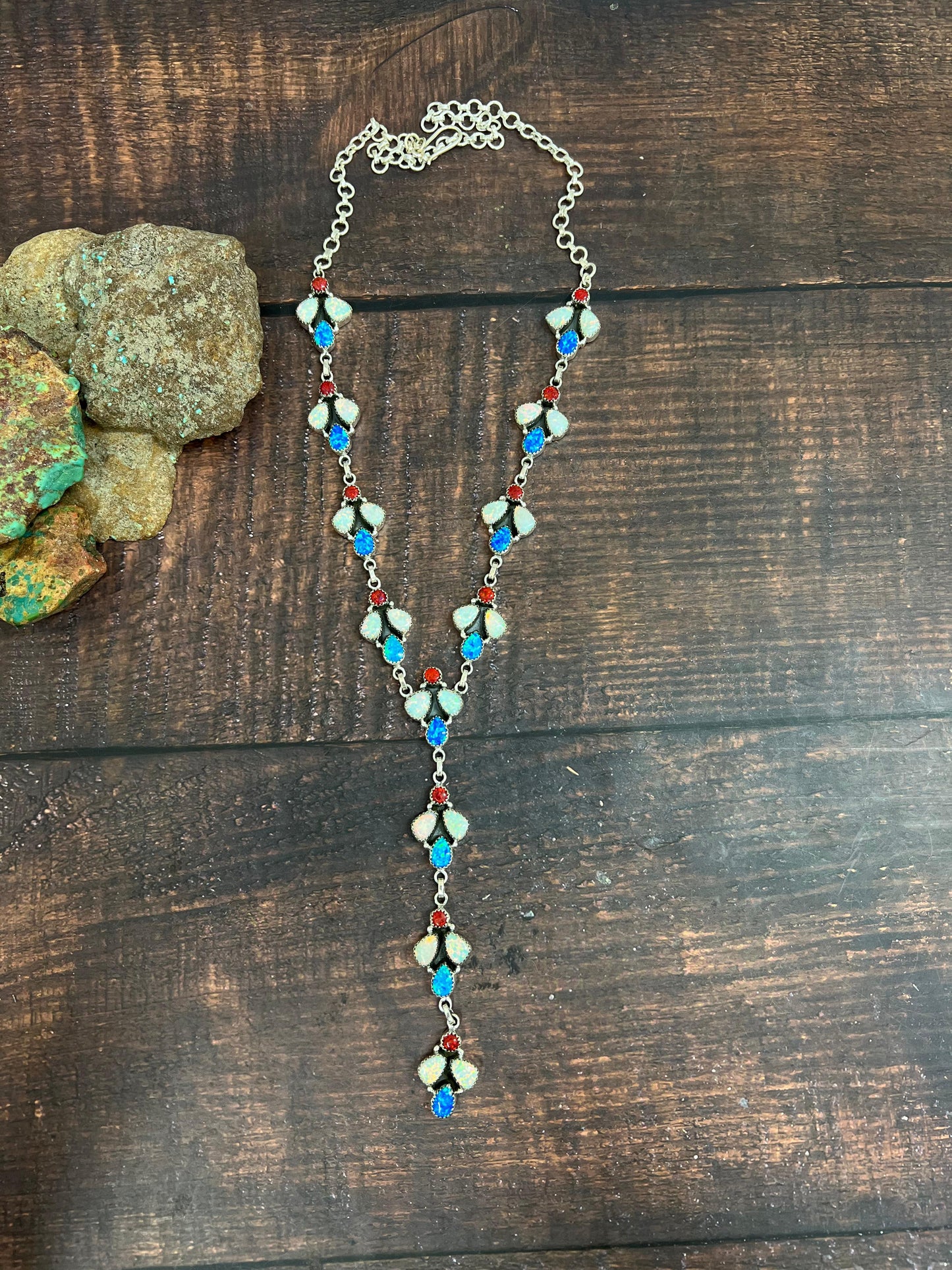 ** 4TH OF JULY ** Handmade Sterling Silver Synthetic Opal Necklace with Signed Nizhoni