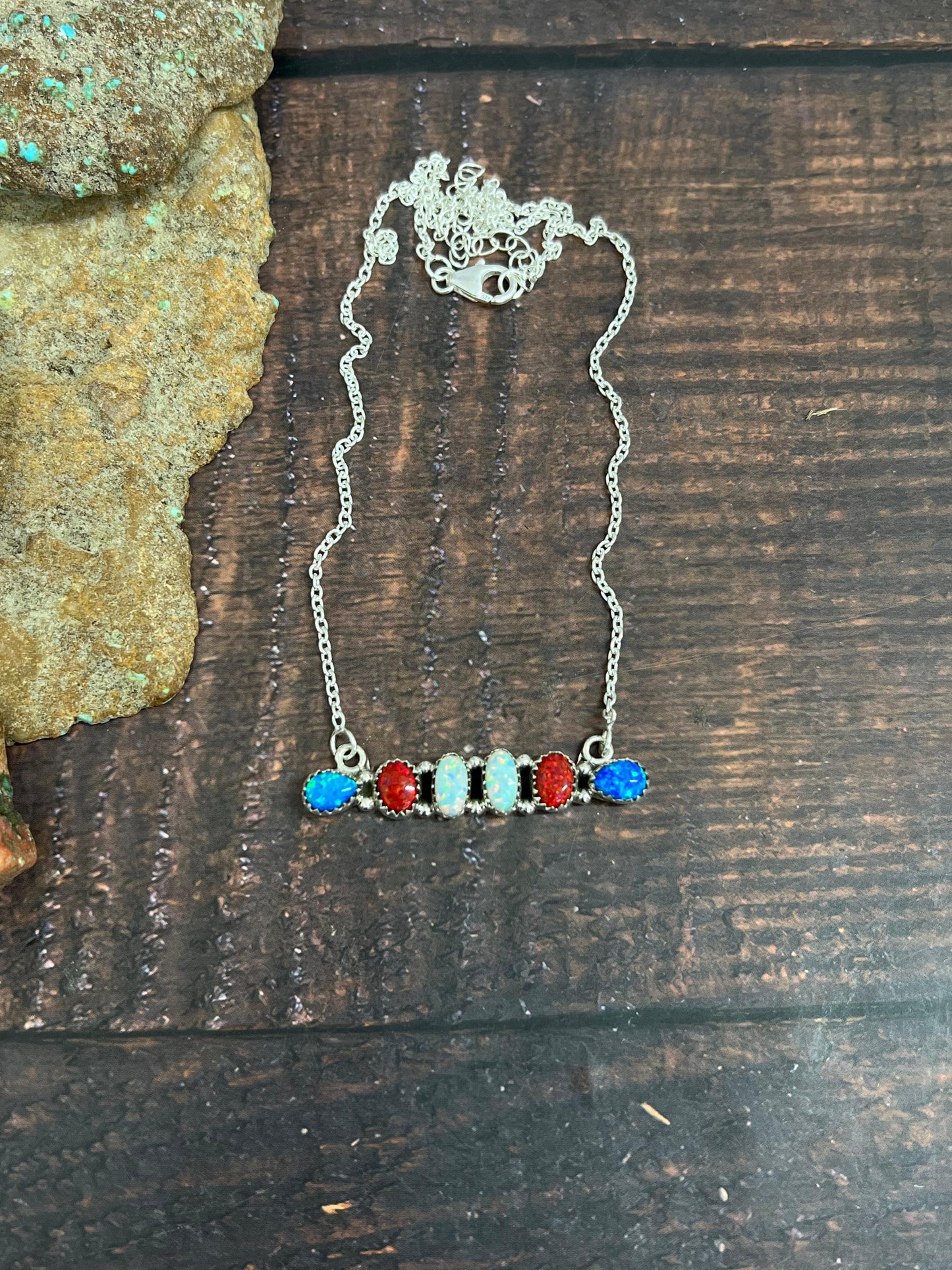 ** 4TH OF JULY ** Handmade Sterling Silver Synthetic Opal Necklace with Signed Nizhoni