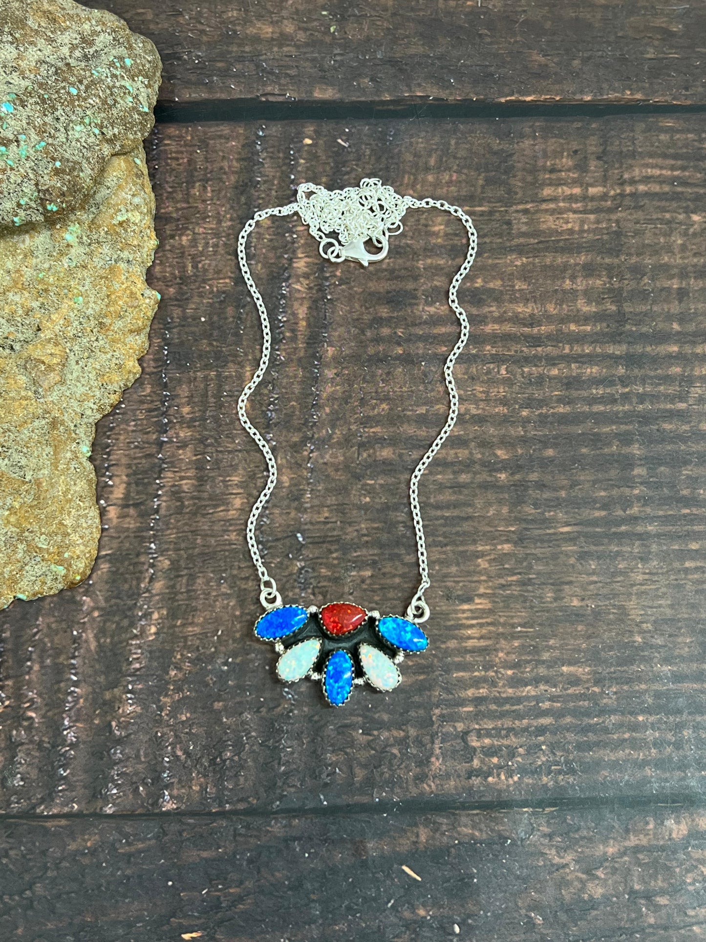 ** 4TH OF JULY ** Handmade Sterling Silver Synthetic Opal Necklace with Signed Nizhoni