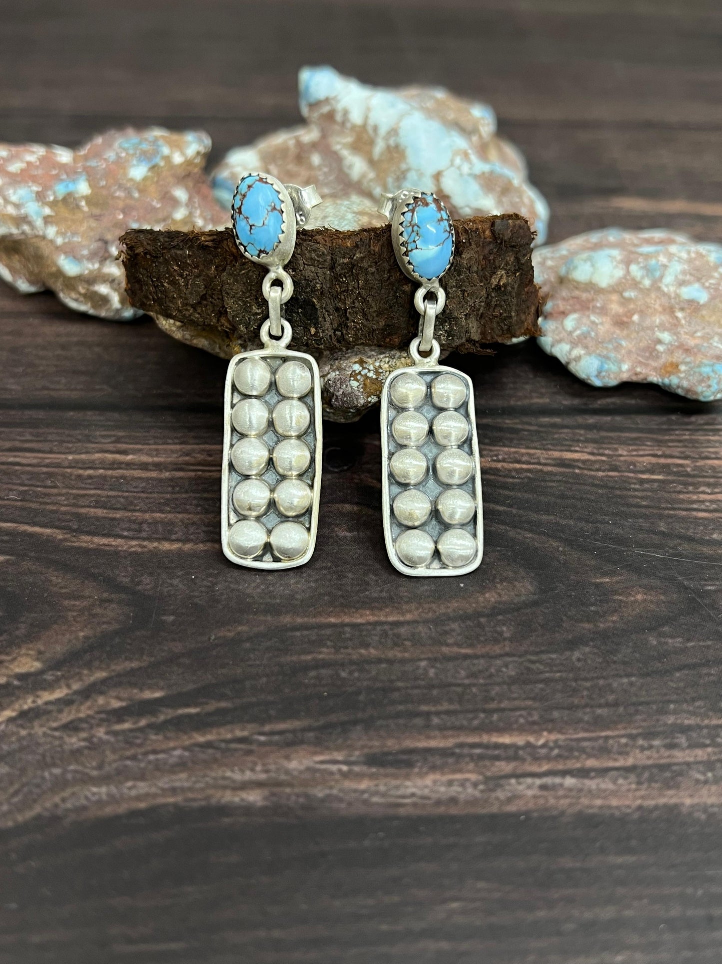Handmade Sterling Silver Golden Hills Turquoise Post Dangle Earrings with Signed Nizhoni