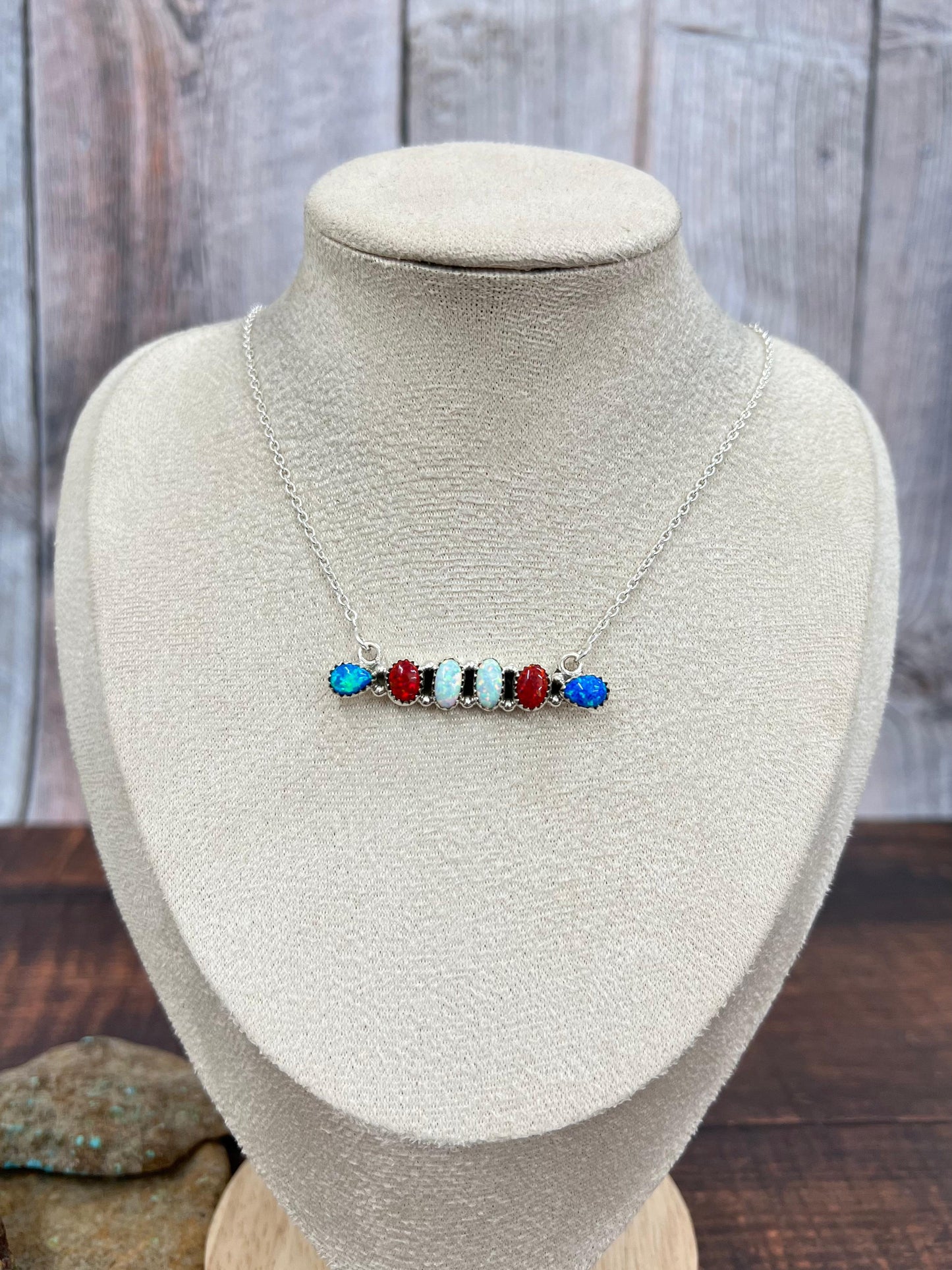 ** 4TH OF JULY ** Handmade Sterling Silver Synthetic Opal Necklace with Signed Nizhoni