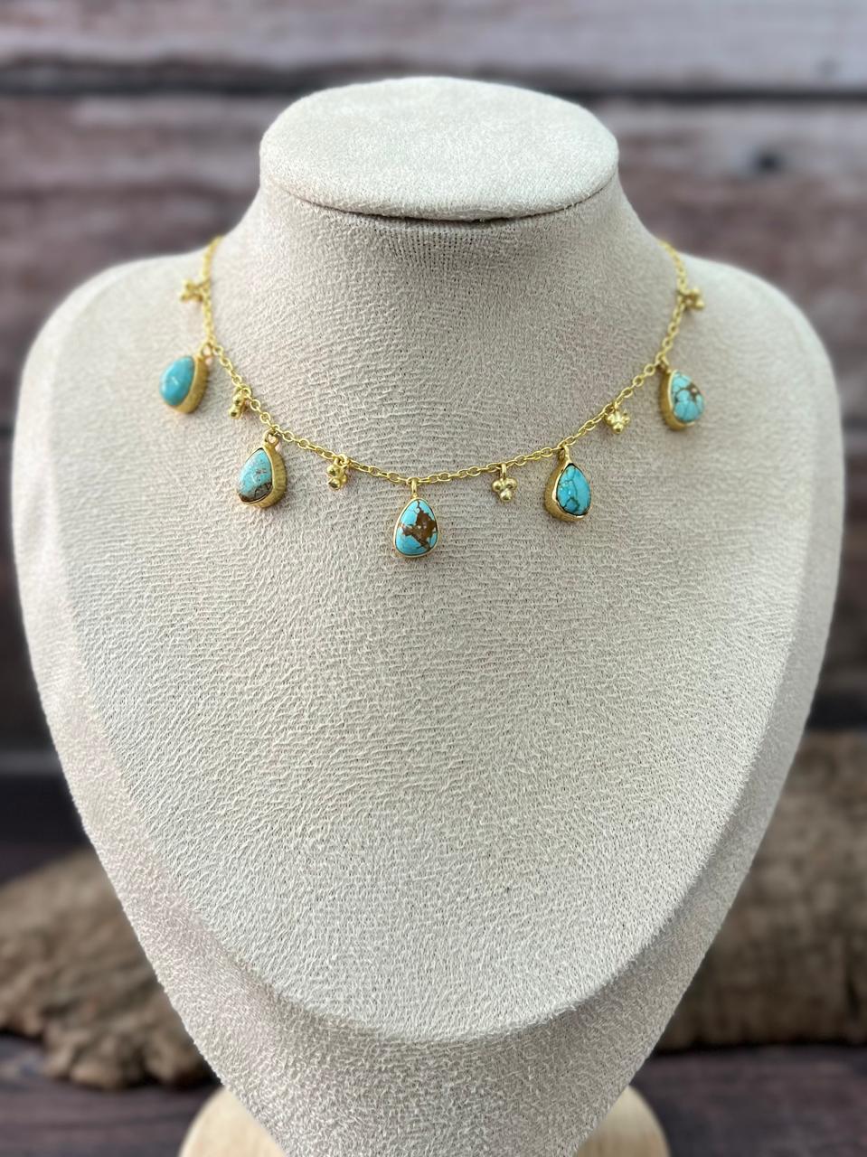 "THE GOLDEN COLLECTION" Handmade Natural Golden Hills Turquoise 5 Stone Gold Plated Necklace
