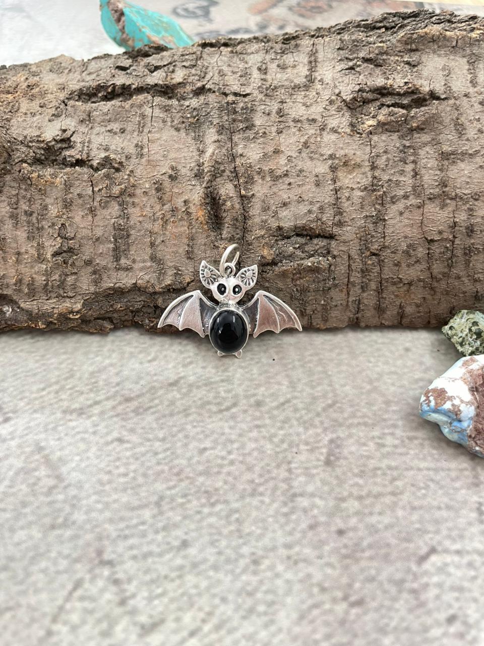 "Halloween Collection" Handmade Sterling Silver Black Onyx Bat Pendant with Signed Nizhoni