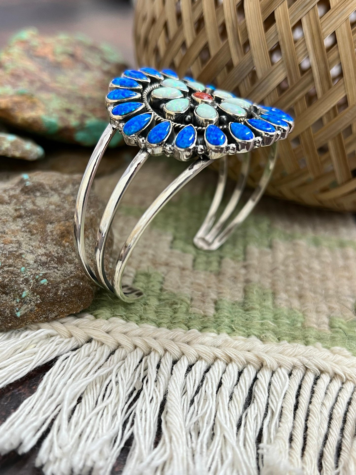 ** 4TH OF JULY ** Handmade Sterling Silver Synthetic Opal Cuff Bracelet with Signed Nizhoni