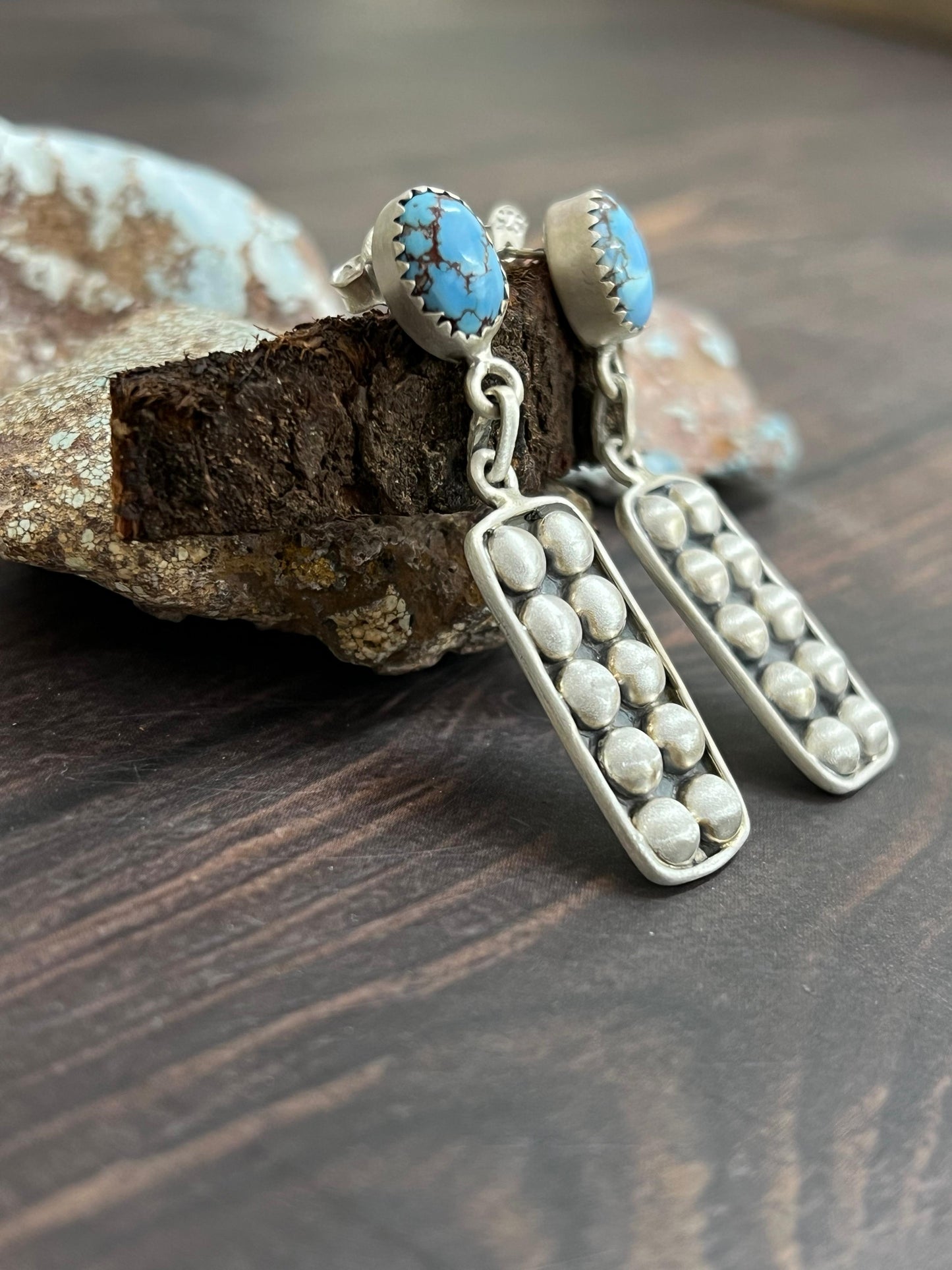 Handmade Sterling Silver Golden Hills Turquoise Post Dangle Earrings with Signed Nizhoni
