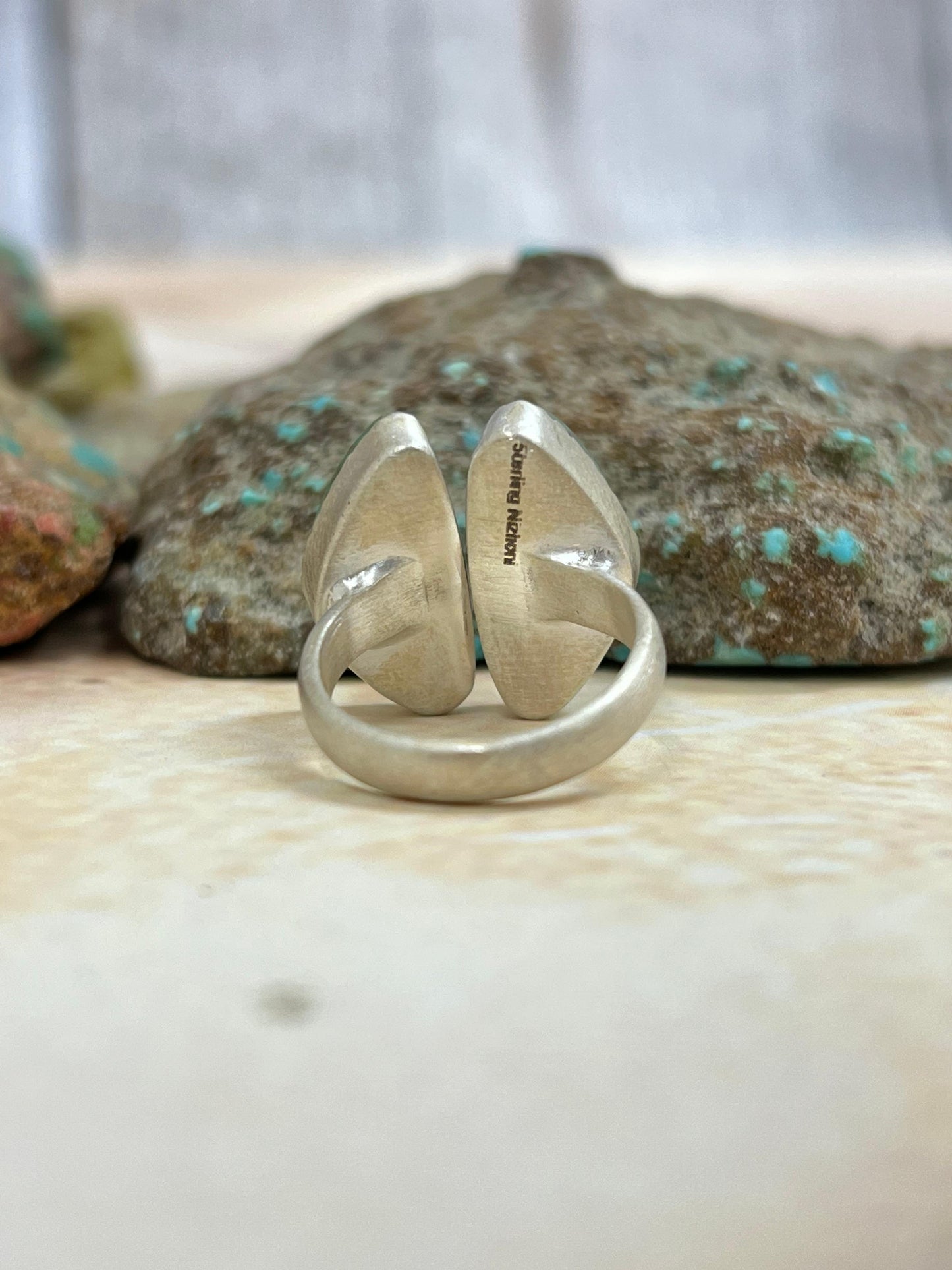 Handmade Sterling Silver Royston Turquoise Adjustable Ring with Signed Nizhoni (5)