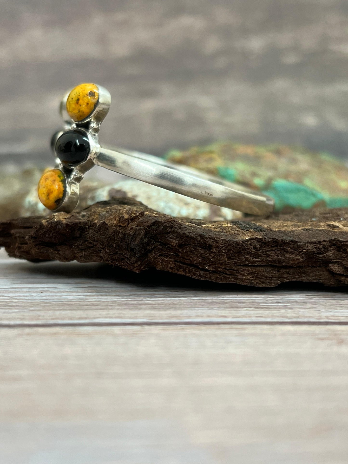 "Halloween Collection" Handmade Sterling Silver Black Onyx, Bumblebee Cuff Bracelet with Signed Nizhoni