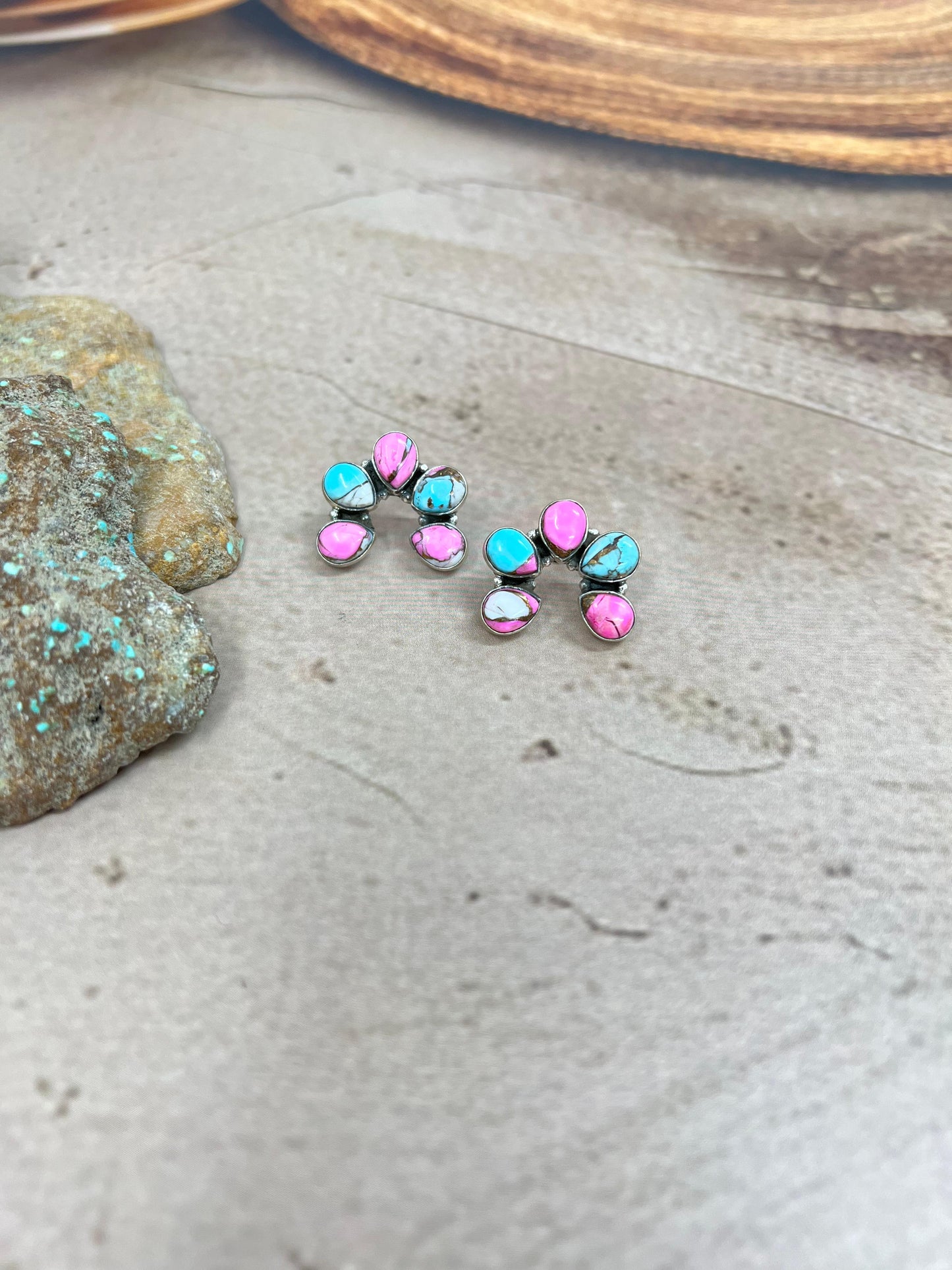 Handmade Sterling Silver Cotton Candy Turquoise Squash Blossom Post Earrings with Signed Nizhoni