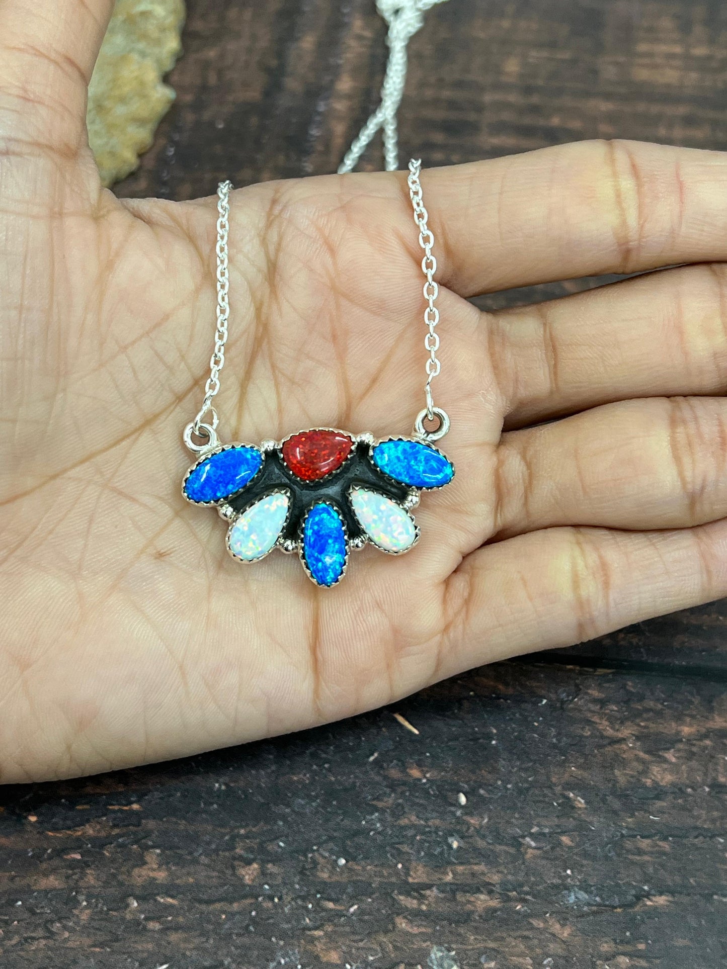 ** 4TH OF JULY ** Handmade Sterling Silver Synthetic Opal Necklace with Signed Nizhoni