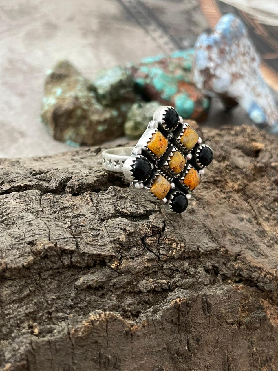 "Halloween Collection" Handmade Sterling Silver Black Onyx, Bumblebee Ring with Signed Nizhoni