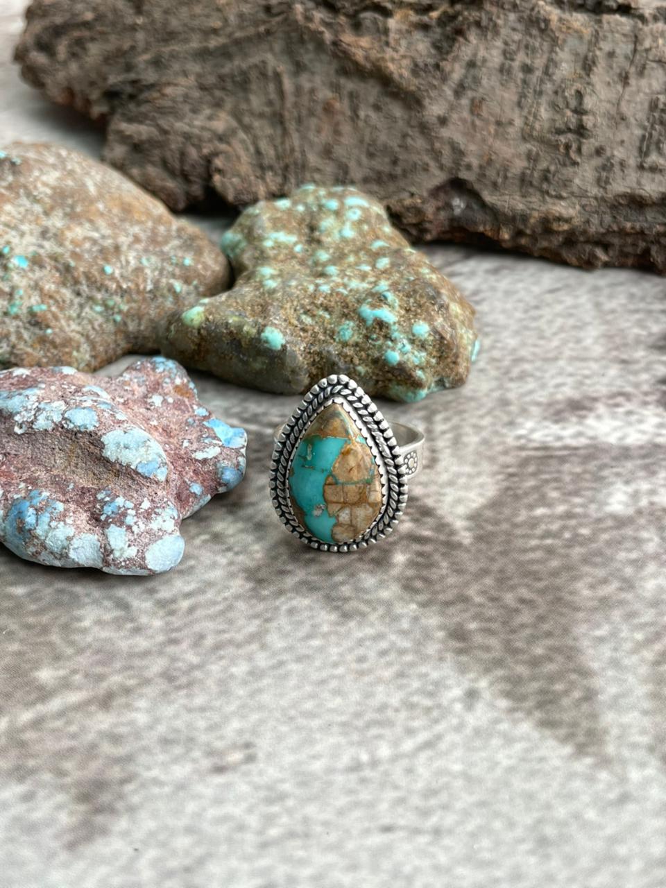 Handmade Sterling Silver Royston Ribbon Turquoise Adjustable Ring with Signed Nizhoni