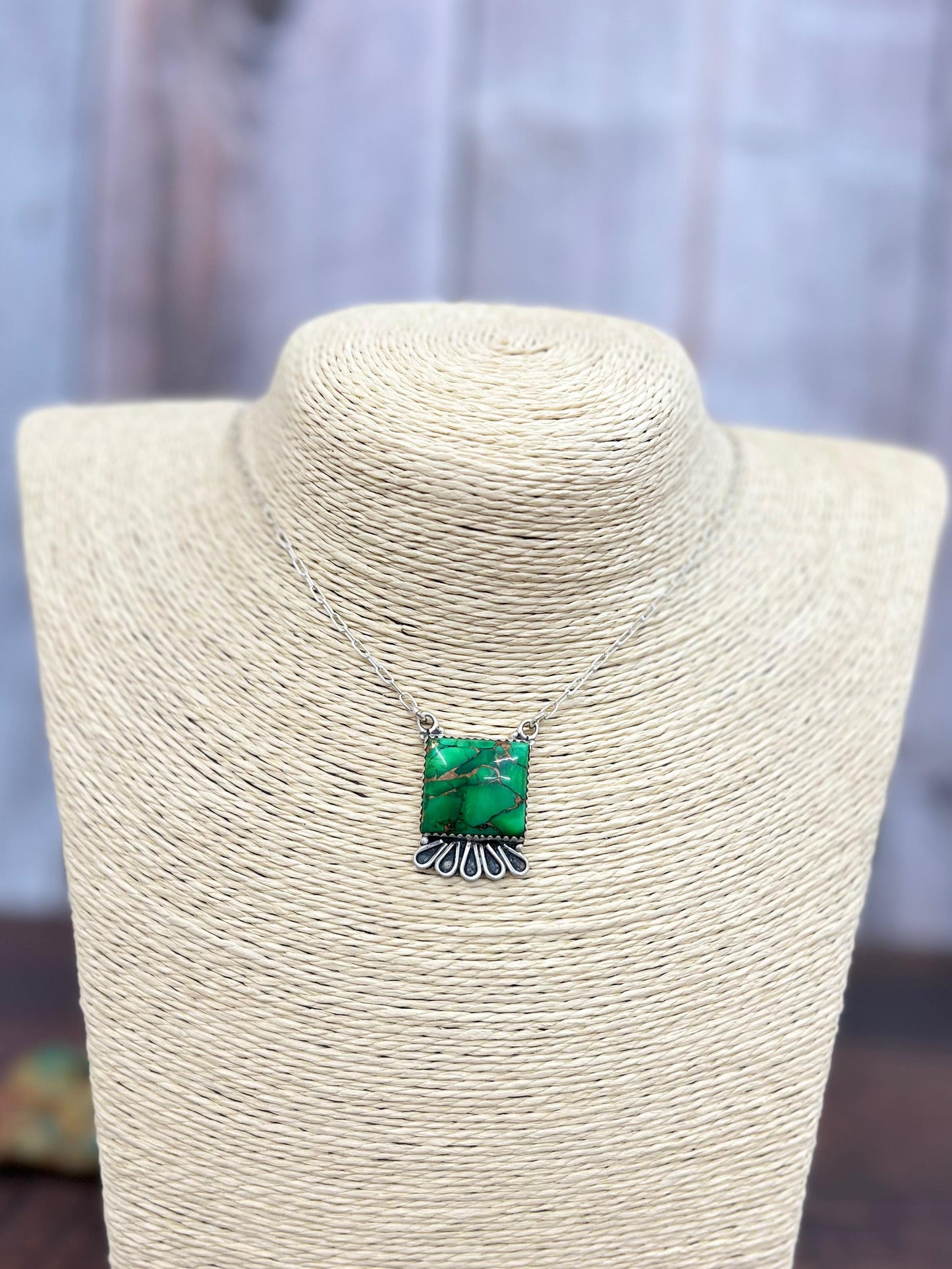 Handmade Sterling Silver Kelly Green Dahlia Necklace with Signed Nizhoni