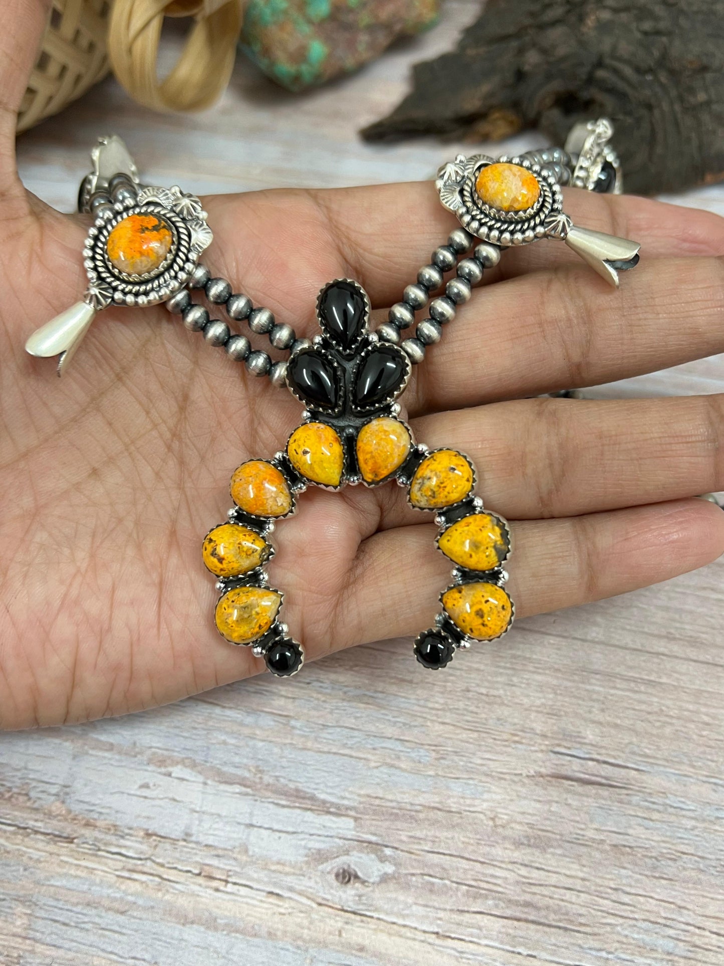 "Halloween Collection" Handmade Sterling Silver Black Onyx, Bumblebee Bat Squash Blossom Beaded Necklace with Signed Nizhoni