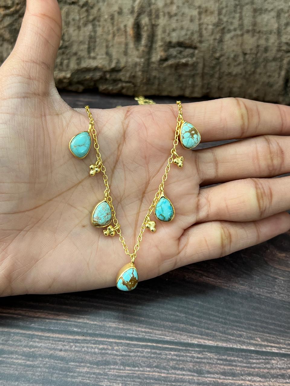 "THE GOLDEN COLLECTION" Handmade Natural Golden Hills Turquoise 5 Stone Gold Plated Necklace