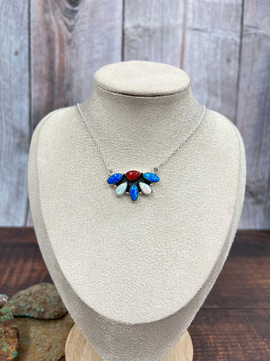 ** 4TH OF JULY ** Handmade Sterling Silver Synthetic Opal Necklace with Signed Nizhoni