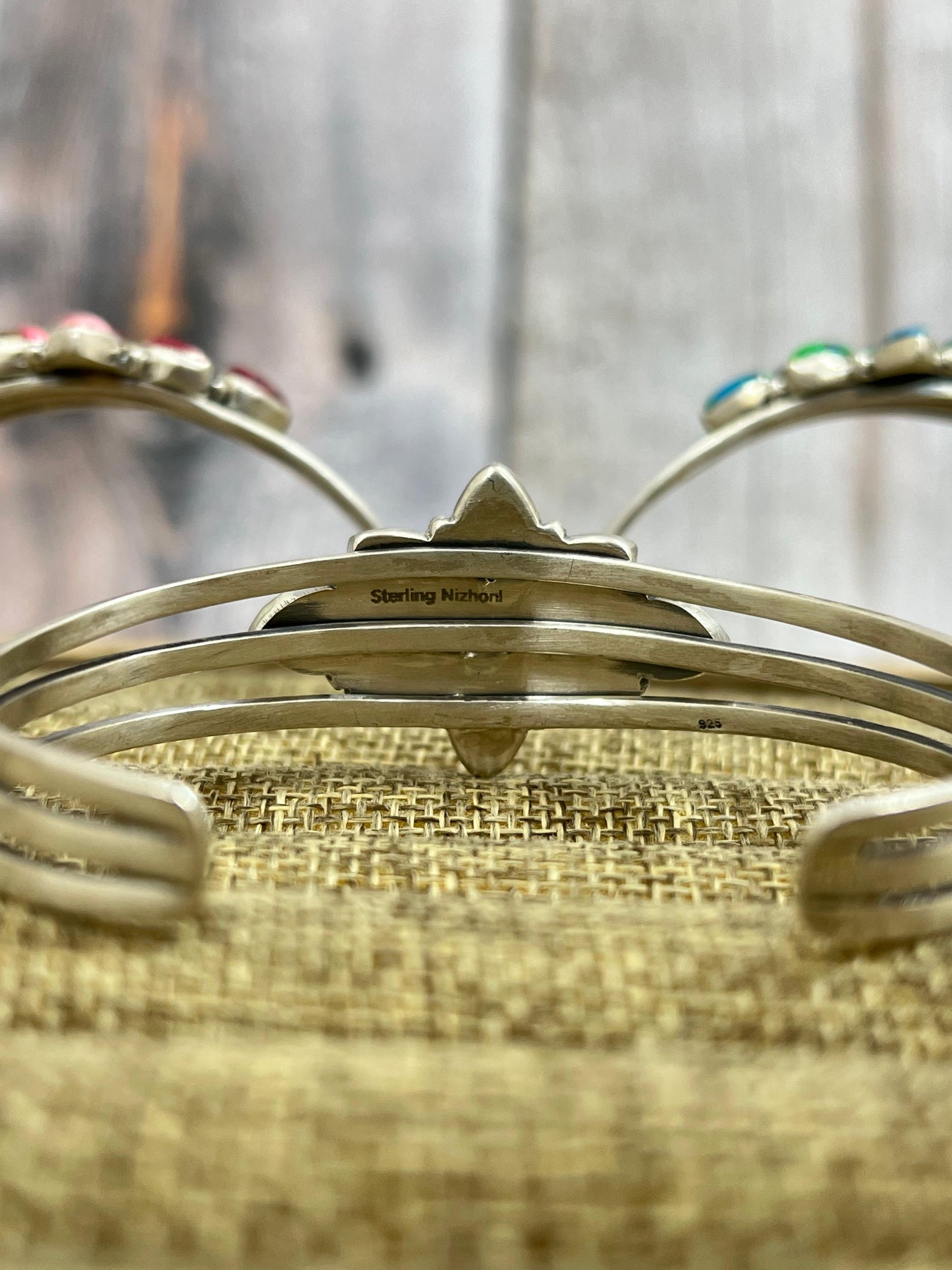 Handmade Sterling Silver Peacock Dahlia, Dahlia Rose, Cotton Candy Turquoise Cuff Bracelet with Signed Nizhoni