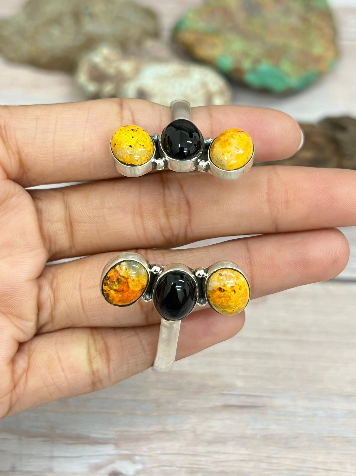 "Halloween Collection" Handmade Sterling Silver Black Onyx, Bumblebee Cuff Bracelet with Signed Nizhoni