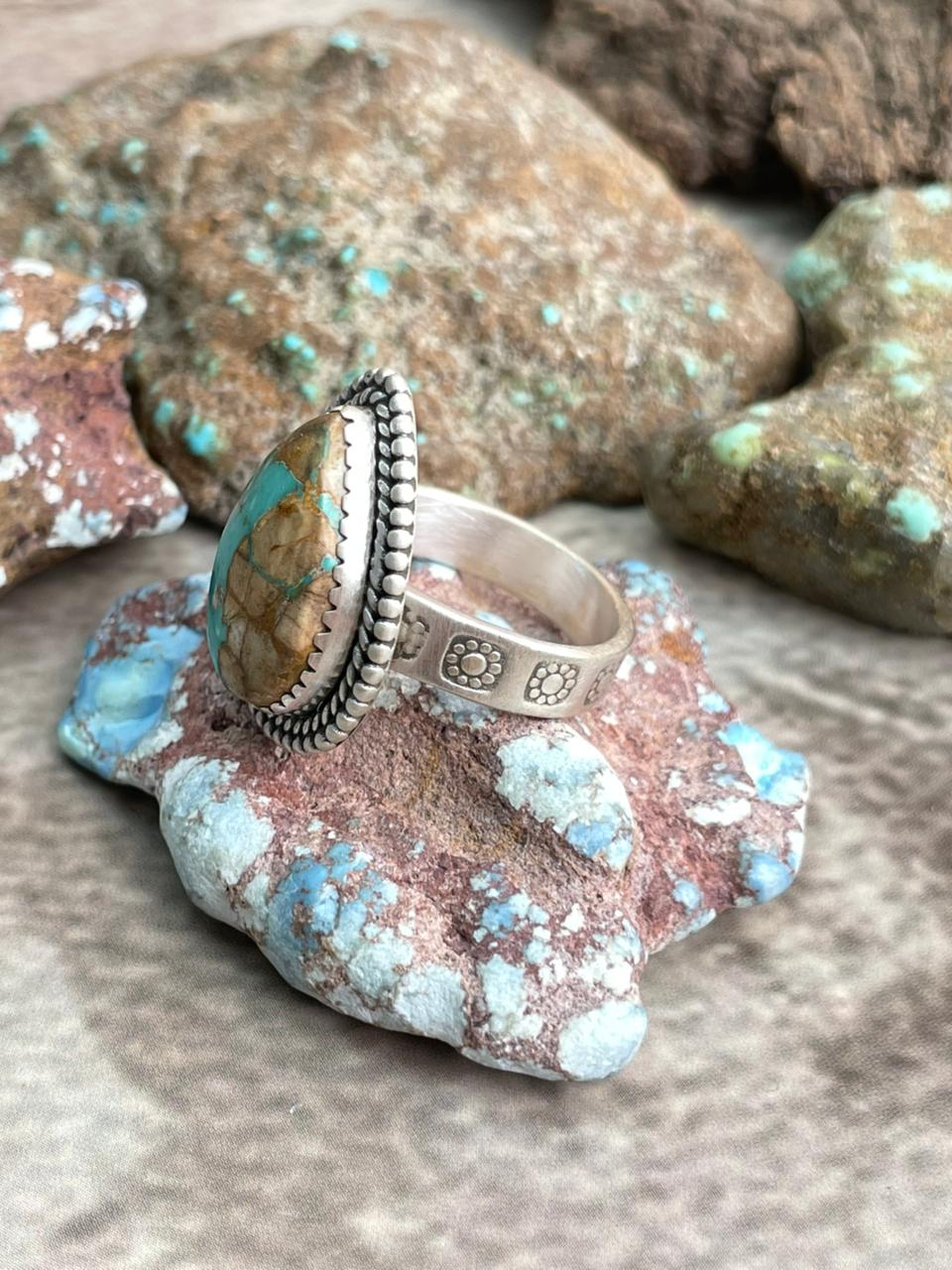 Handmade Sterling Silver Royston Ribbon Turquoise Adjustable Ring with Signed Nizhoni