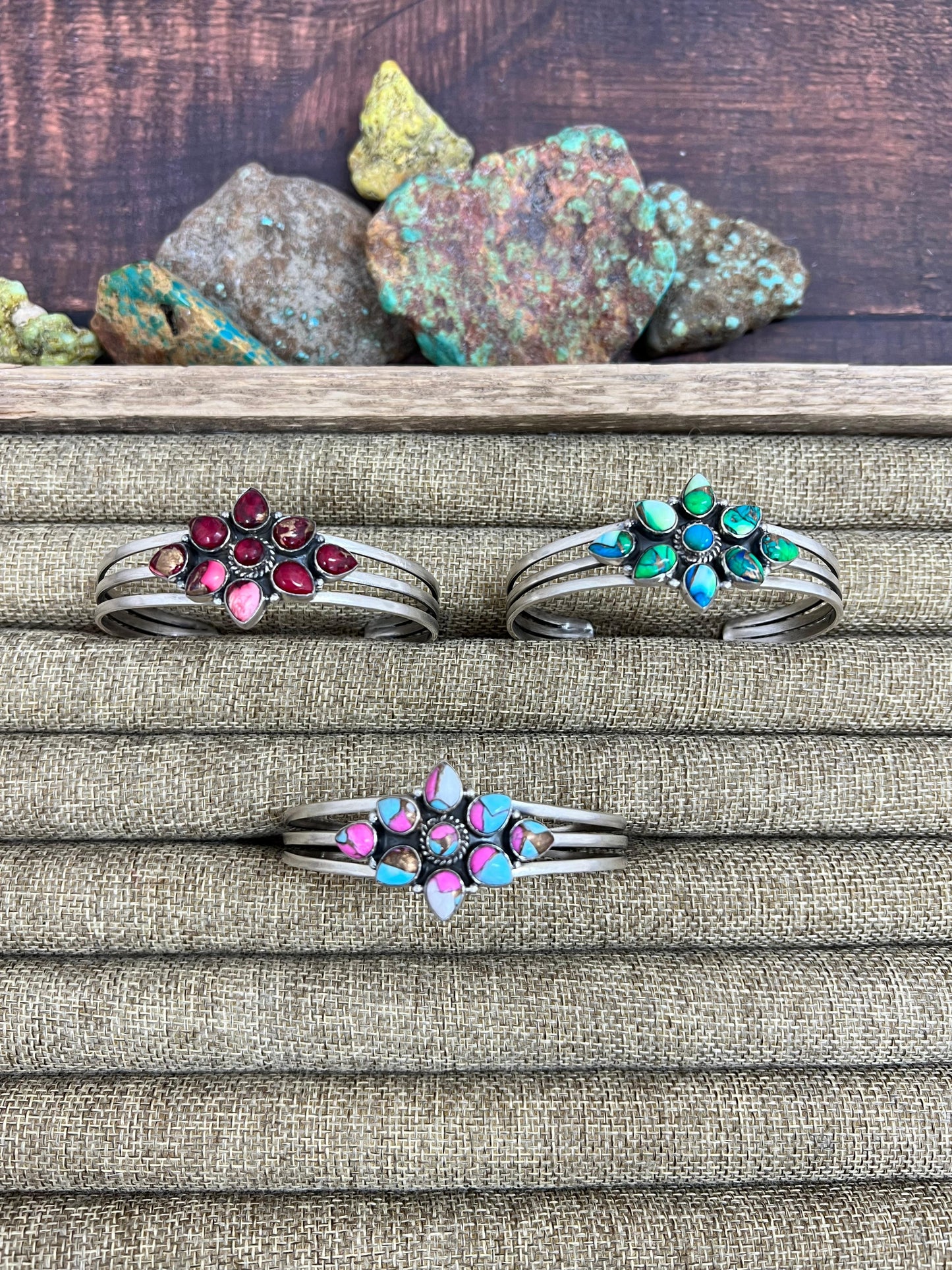 Handmade Sterling Silver Peacock Dahlia, Dahlia Rose, Cotton Candy Turquoise Cuff Bracelet with Signed Nizhoni