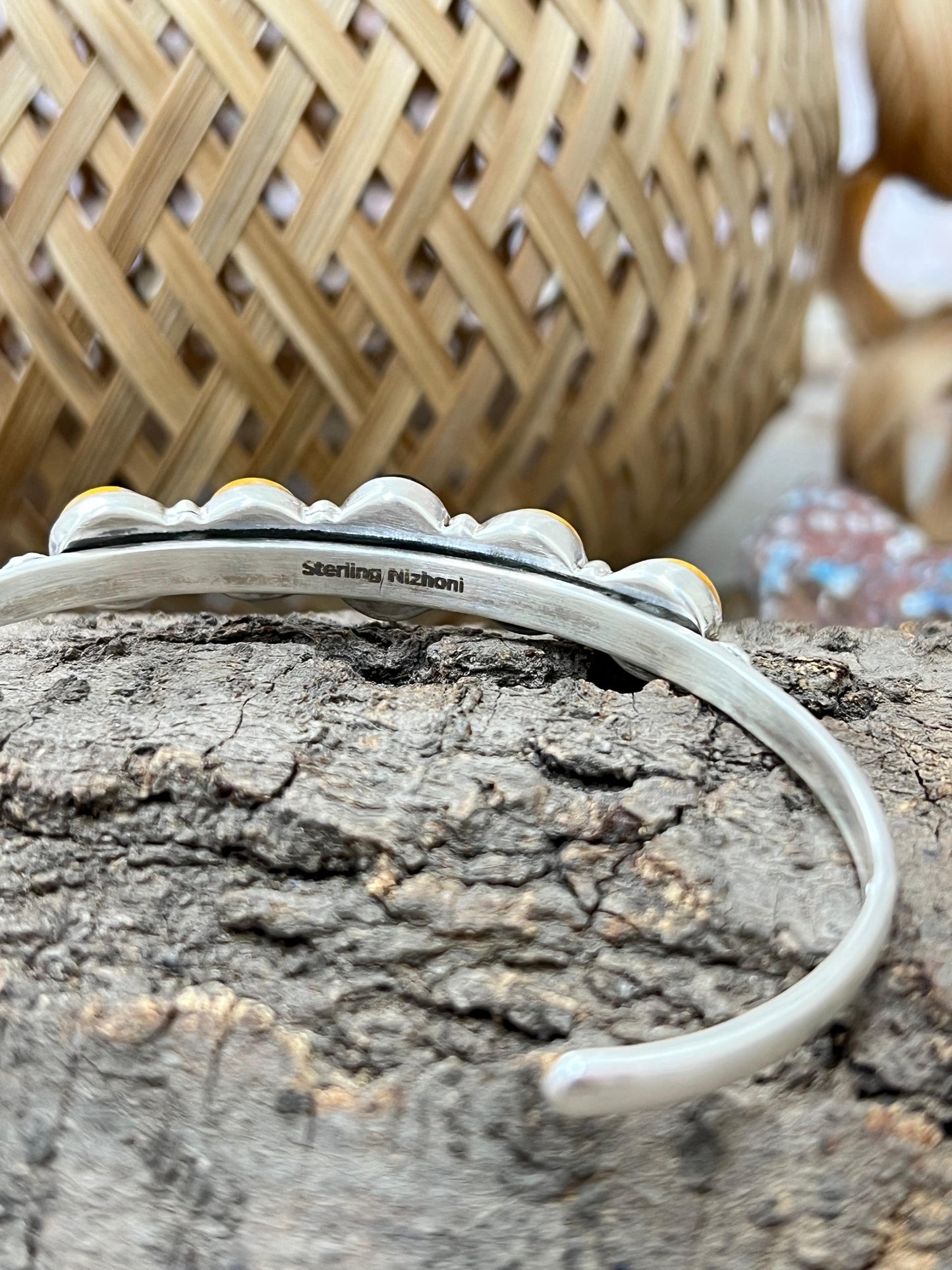 "Halloween Collection" Handmade Sterling Silver Black Onyx, Bumblebee Cuff Bracelet with Signed Nizhoni