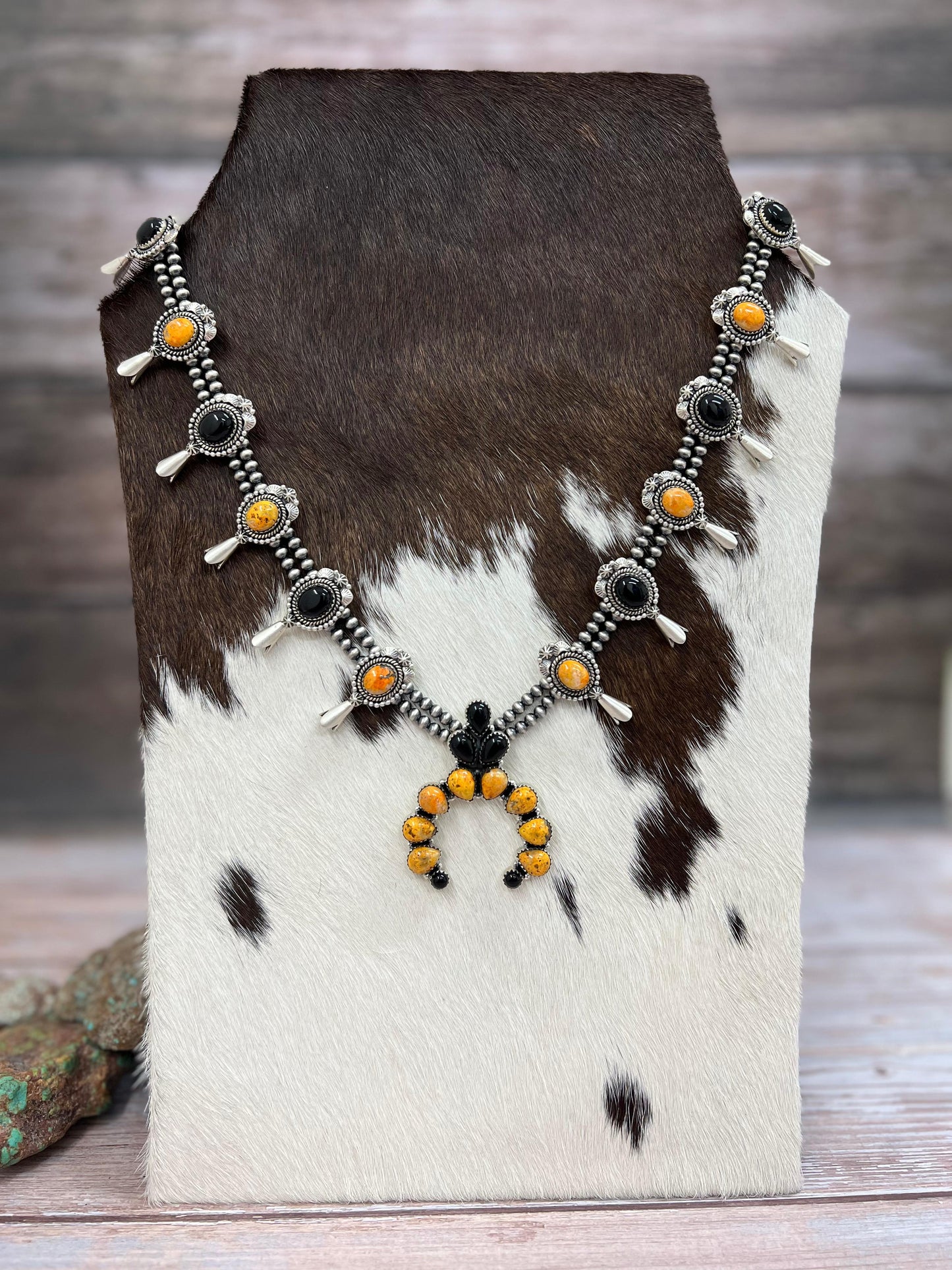 "Halloween Collection" Handmade Sterling Silver Black Onyx, Bumblebee Bat Squash Blossom Beaded Necklace with Signed Nizhoni