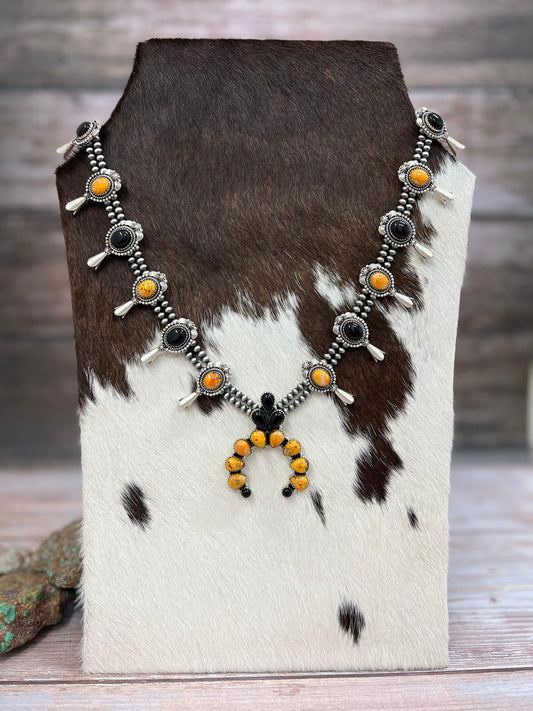 "Halloween Collection" Handmade Sterling Silver Black Onyx, Bumblebee Bat Squash Blossom Beaded Necklace with Signed Nizhoni