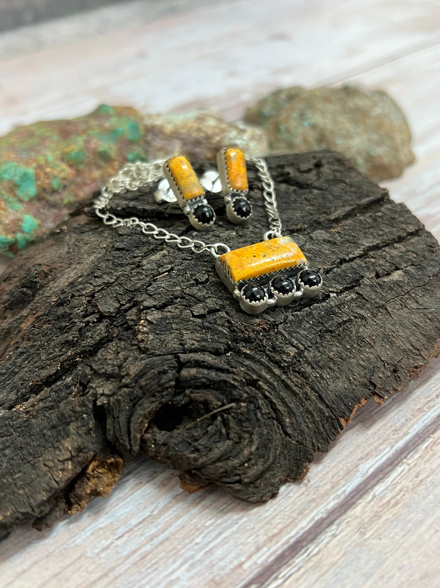 "Halloween Collection" Handmade Sterling Silver Black Onyx, Bumblebee Necklace with Signed Nizhoni