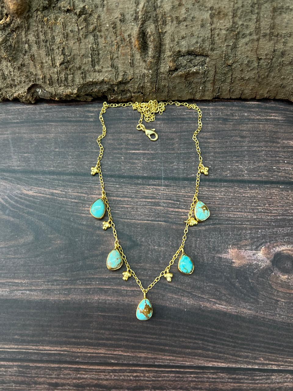 "THE GOLDEN COLLECTION" Handmade Natural Golden Hills Turquoise 5 Stone Gold Plated Necklace