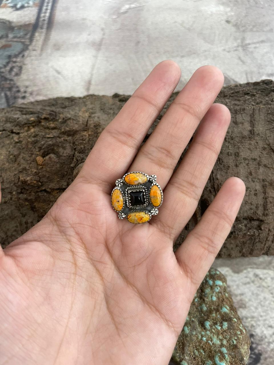 "Halloween Collection" Handmade Sterling Silver Black Onyx, Bumblebee Ring with Signed Nizhoni