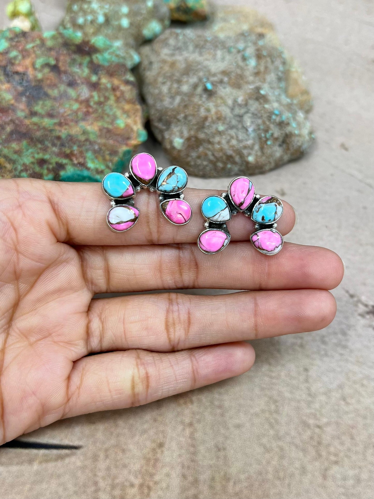 Handmade Sterling Silver Cotton Candy Turquoise Squash Blossom Post Earrings with Signed Nizhoni